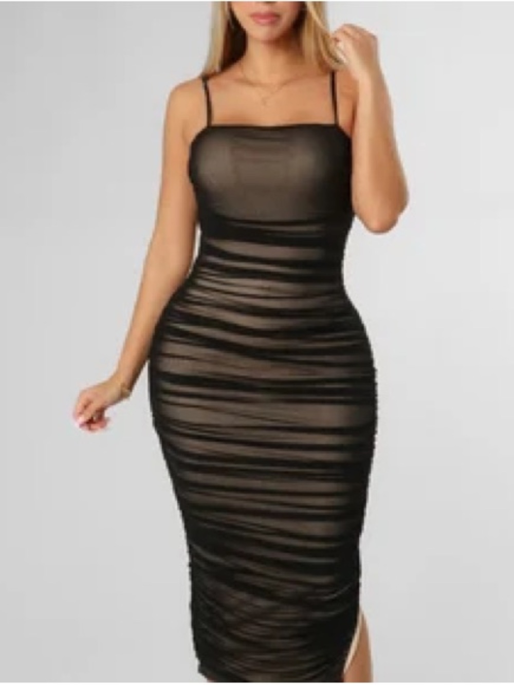 Black Sheer Ruched Midi Dress - Women